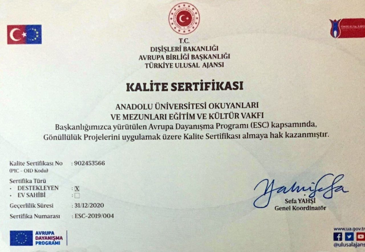 VAKFIMIZ ULUSAL AJANS KALİTE SERTİFİKASI ALMAYA HAK KAZANMIŞTIR